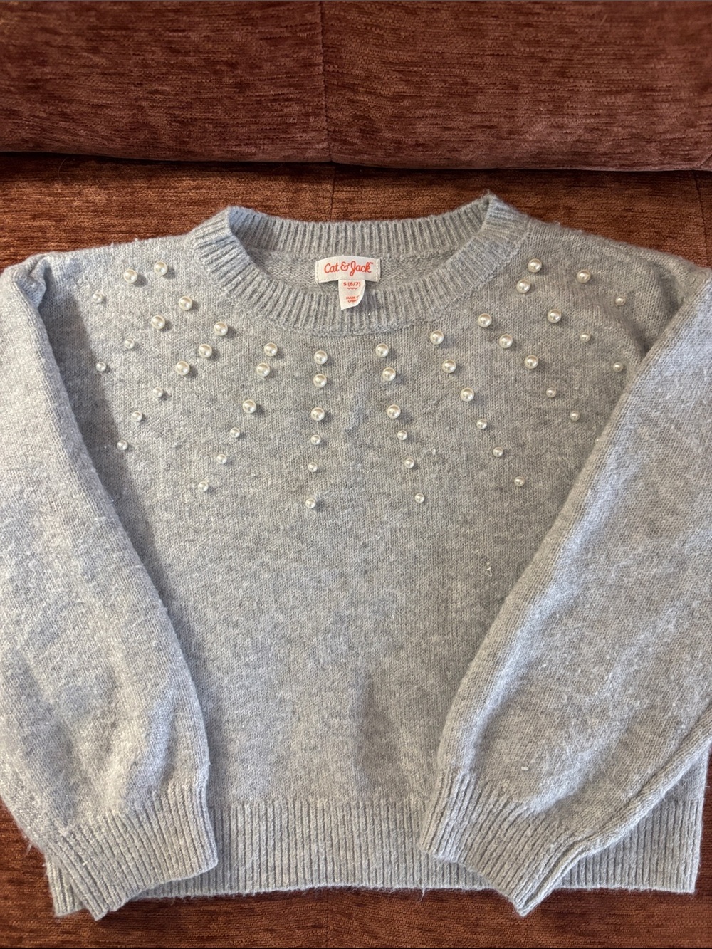 Cat & Jack Light Gray Pearl Embellished Crewneck Sweater